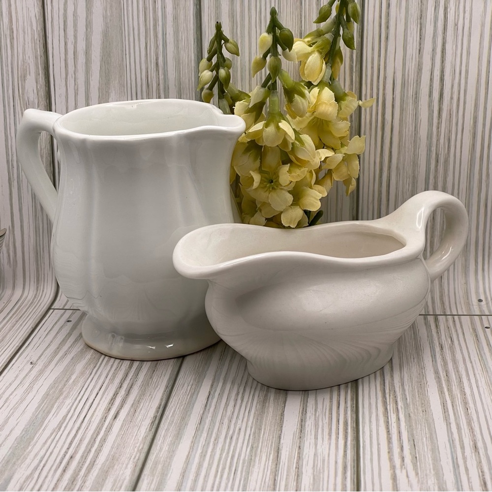 White Porcelain Mini Size Gravy Boat & White Scalloped Porcelain Pitcher
